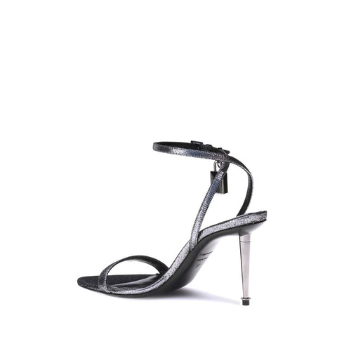 Tom Ford Padlock Sandals Silver Calf Leather Metal Heel Women’s Shoes
