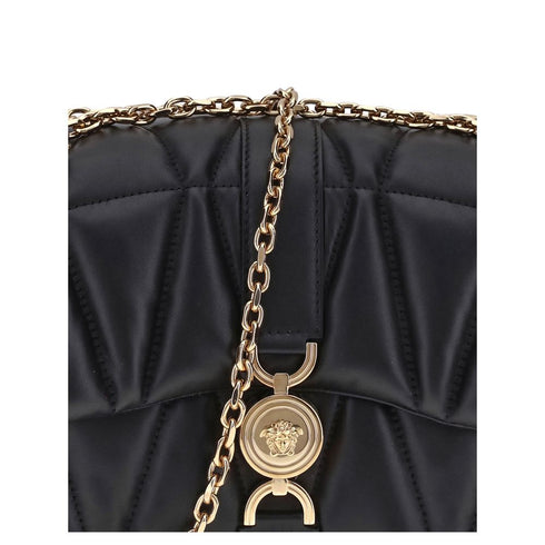 Versace Kleio Black Quilted Satin Shoulder Bag – Gold Medusa Detail for Women