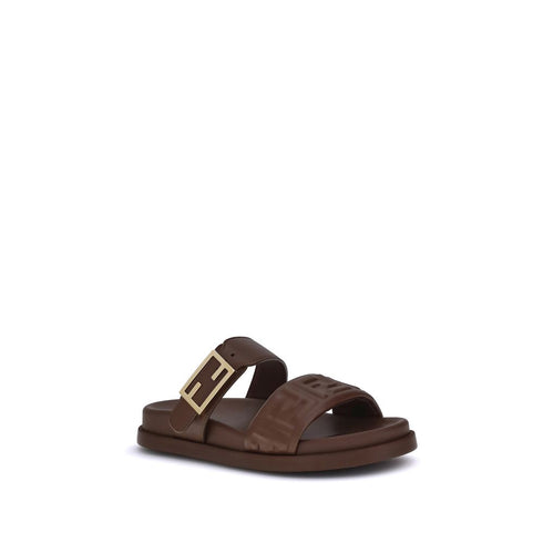 Fendi FF Logo Slide Sandals – Brown Calf Leather with Rubber Sole