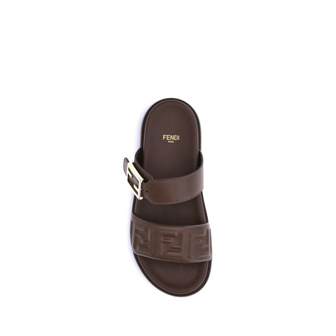 Fendi FF Logo Slide Sandals – Brown Calf Leather with Rubber Sole