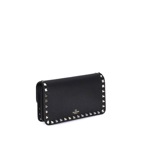 Valentino Garavani Rockstud Black Leather Pochette with Chain for Women