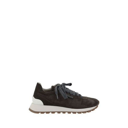 Brunello Cucinelli Brown Suede Sneakers with Bead Embellishments and Rubber Sole Shoes