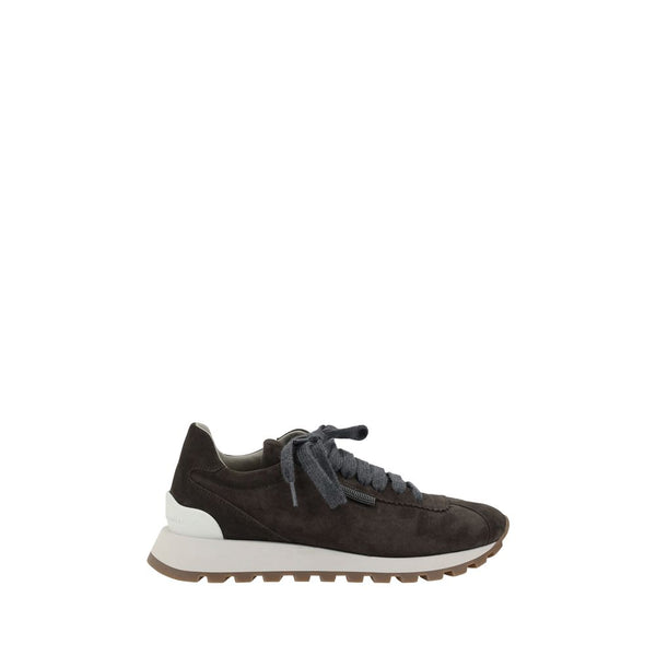 Brunello Cucinelli Brown Suede Sneakers with Bead Embellishments and Rubber Sole Shoes