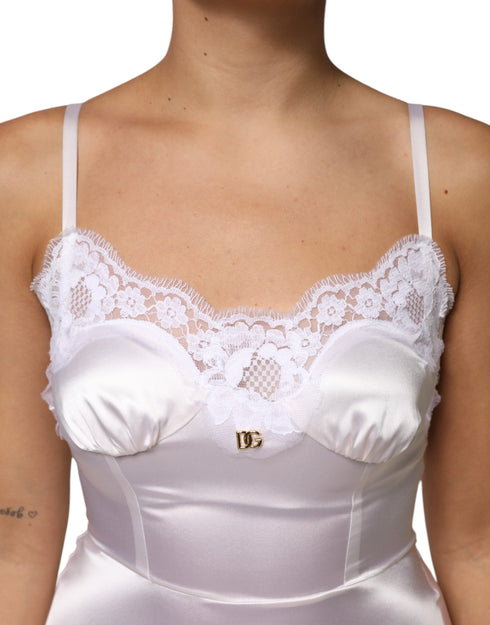 Dolce & Gabbana White Lace Gold DG Logo Silk Dress Sleepwear