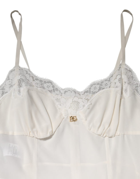 Dolce & Gabbana White Lace Gold DG Logo Silk Dress Sleepwear
