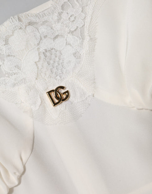 Dolce & Gabbana White Lace Gold DG Logo Silk Dress Sleepwear