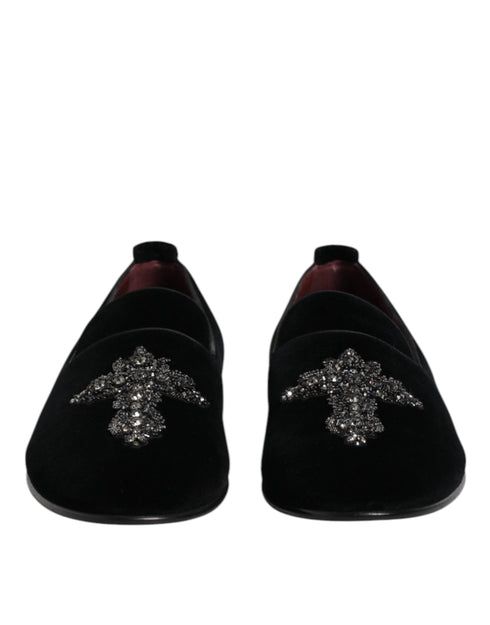Dolce & Gabbana Black Velvet Embellished Loafer Slip On Shoes