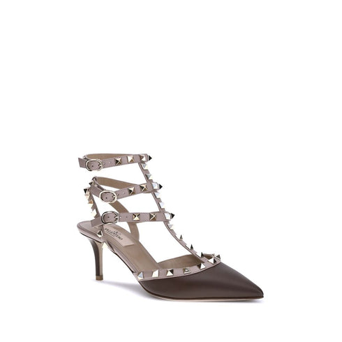 Valentino Garavani Rockstud Taupe Brown Leather Pumps – Mid Heel Pointed Toe