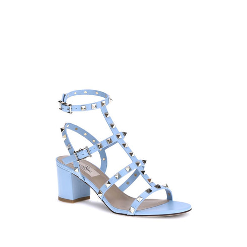 Valentino Garavani Rockstud Sandals Light Blue Calf Leather Block Heel Gladiator - Women’s