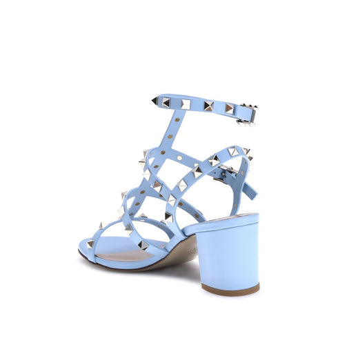 Valentino Garavani Rockstud Sandals Light Blue Calf Leather Block Heel Gladiator - Women’s