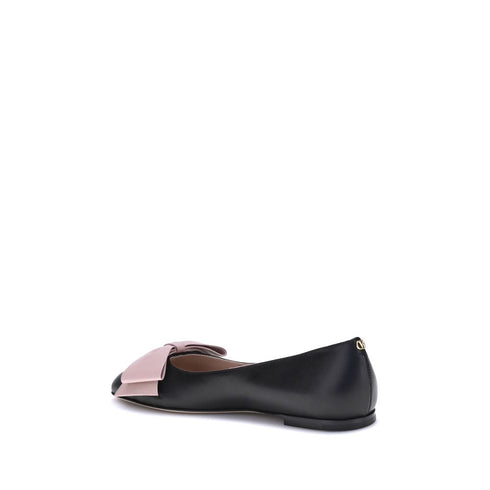 Valentino Garavani Bowow Ballerinas Black Pink Calf Leather Flats - Women’s