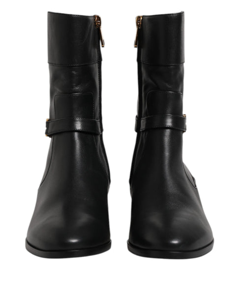 Dolce & Gabbana Black Leather Short Boots – Women’s Flat Biker Ankle Zip Shoes