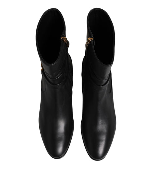 Dolce & Gabbana Black Leather Short Boots – Women’s Flat Biker Ankle Zip Shoes