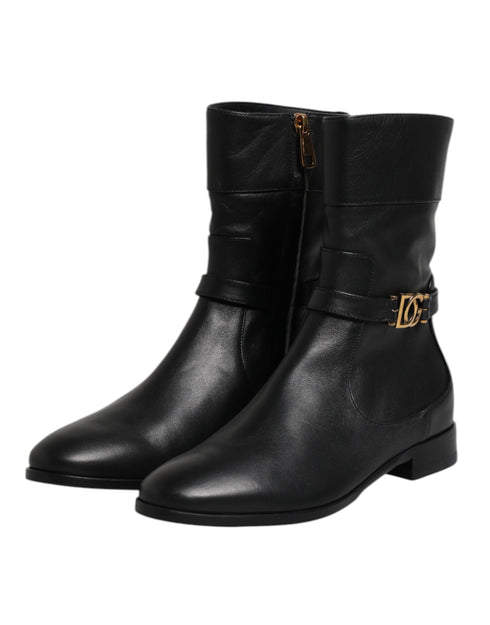 Dolce & Gabbana Black Leather Short Boots – Women’s Flat Biker Ankle Zip Shoes