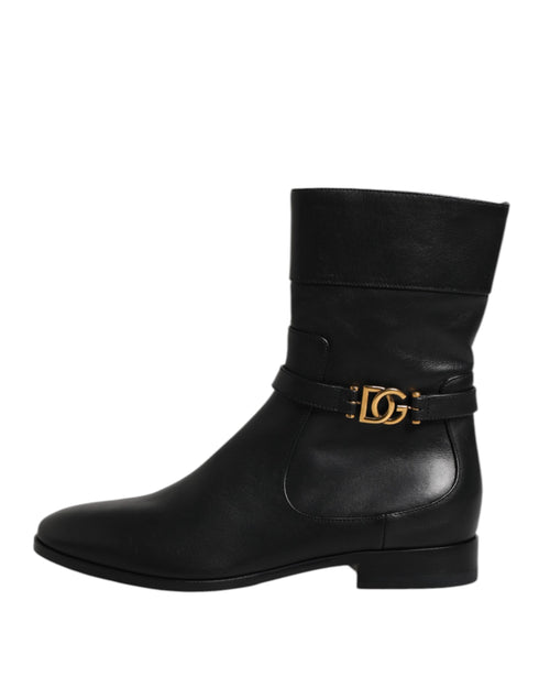 Dolce & Gabbana Black Leather Short Boots – Women’s Flat Biker Ankle Zip Shoes