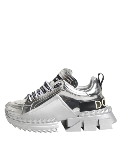 Dolce & Gabbana Super Queen Sneakers – Silver Leather Chunky Platform Shoes for Women