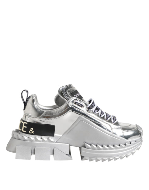 Dolce & Gabbana Super Queen Sneakers – Silver Leather Chunky Platform Shoes for Women