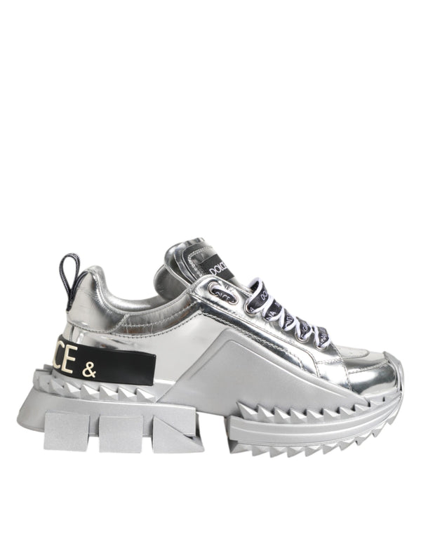Dolce & Gabbana Super Queen Sneakers – Silver Leather Chunky Platform Shoes for Women