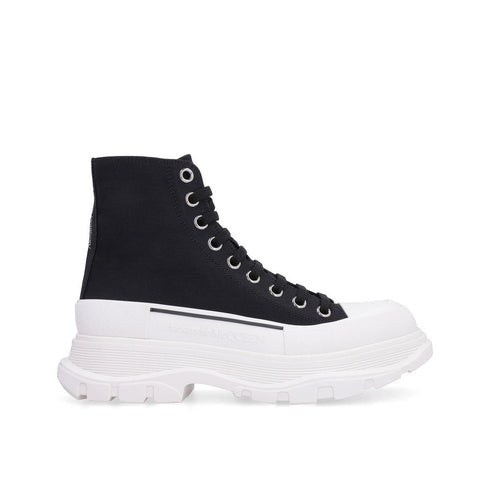 Alexander McQueen Tread Slick Sneakers Shoes – Black & White Canvas High Tops for Women