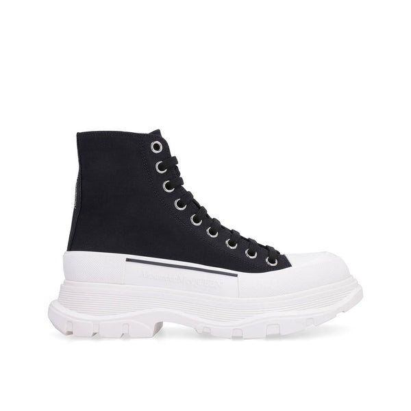 Alexander McQueen Tread Slick Sneakers Shoes – Black & White Canvas High Tops for Women