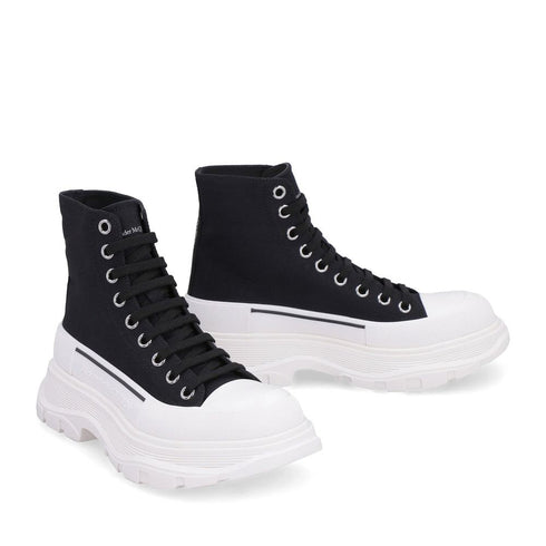 Alexander McQueen Tread Slick Sneakers Shoes – Black & White Canvas High Tops for Women
