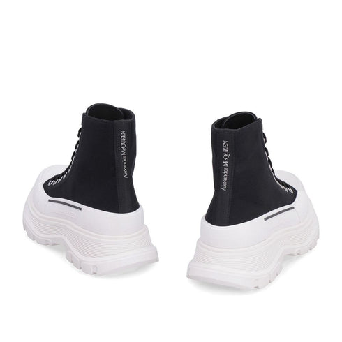 Alexander McQueen Tread Slick Sneakers Shoes – Black & White Canvas High Tops for Women