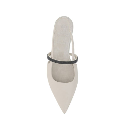 Brunello Cucinelli Beige Leather Slingback Flats Sandals with Signature Beads – Women