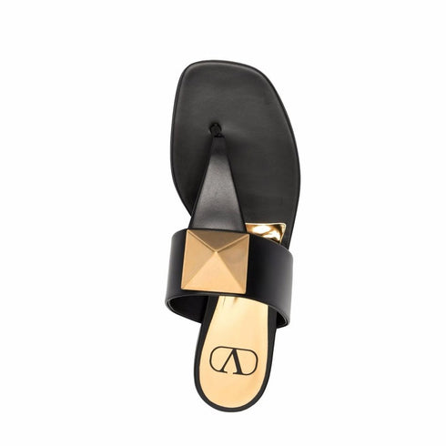 Valentino Garavani One Stud Flat Sandals | Black Leather Thong Slides for Women