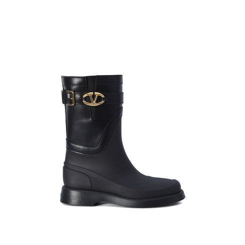 Valentino Garavani VLogo The Bold Edition Rain Boots in Black Leather – Women’s Waterproof Mid-Calf Designer Boots with Gold Logo