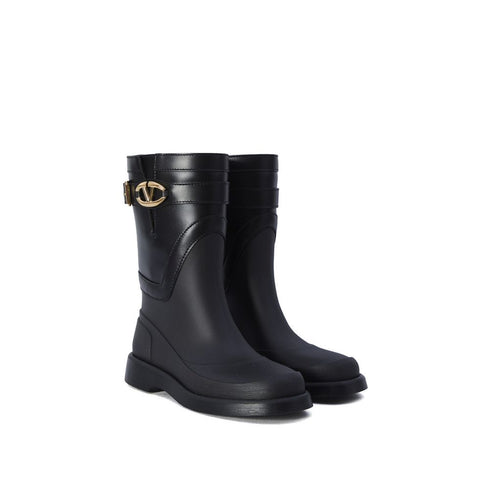 Valentino Garavani VLogo The Bold Edition Rain Boots in Black Leather – Women’s Waterproof Mid-Calf Designer Boots with Gold Logo