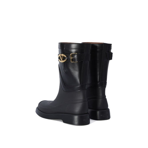 Valentino Garavani VLogo The Bold Edition Rain Boots in Black Leather – Women’s Waterproof Mid-Calf Designer Boots with Gold Logo