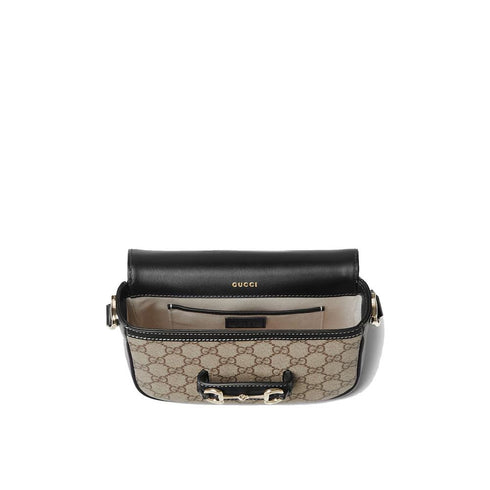 Gucci Horsebit 1955 Mini Shoulder Bag in Beige GG Monogram Canvas with Leather Trim – Women’s