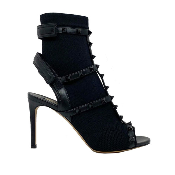 Valentino Garavani Rockstud Sock Heel Sandals - Black Leather Knit - Women’s High Heels