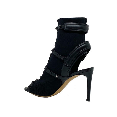 Valentino Garavani Rockstud Sock Heel Sandals - Black Leather Knit - Women’s High Heels
