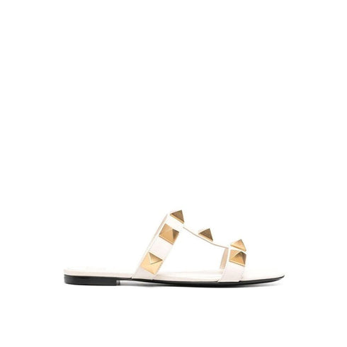 Valentino Garavani Women's White Roman Stud Flat Sandals in Calf Leather