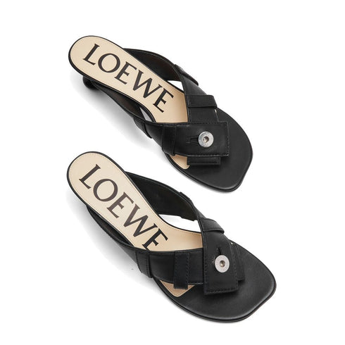 Loewe Toy Panta Leather Sandals – Black Lambskin Round Toe Mules for Women, 45mm Heel