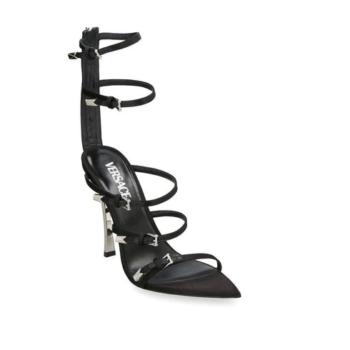 Versace Pin-Points Black Leather Sandals – Women’s High Heel Strappy Heels