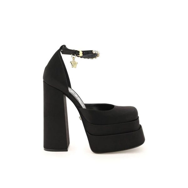Versace Platform Pumps in Black Silk Satin with Crystal Medusa Ankle Strap – Women