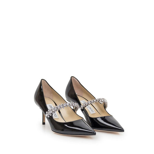 Jimmy Choo Black Patent Leather Bing Crystal Strap Heels Pumps - Women’s