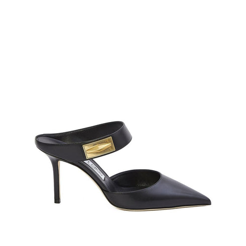 Jimmy Choo Nell Mules 85 – Black Calf Leather Heels Pointed Toe Mules with Gold Logo Plaque for Women