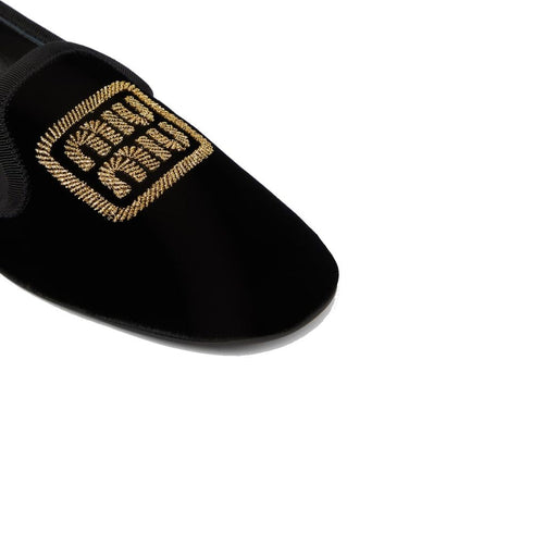 Miu Miu Black Logo Embroidered Velvet Flats Loafers – Women’s Shoes