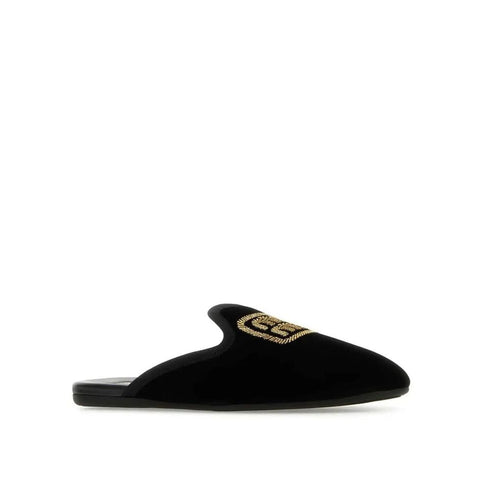 Miu Miu Logo Embroidered Slip-On Mules – Black Velvet Leather Flats for Women