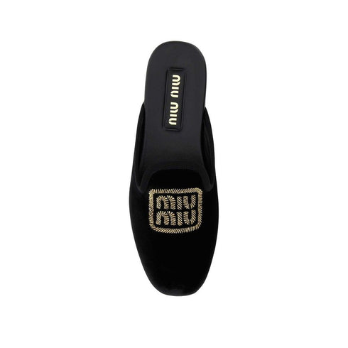 Miu Miu Logo Embroidered Slip-On Mules – Black Velvet Leather Flats for Women