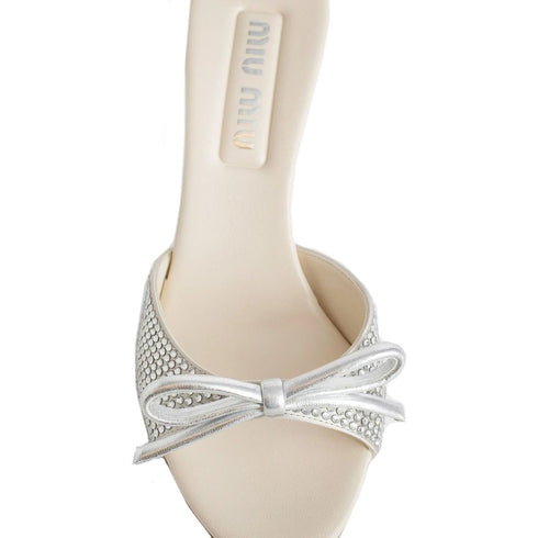 Miu Miu Crystal Bow Mules – Beige Leather & Silk – Women’s Heels