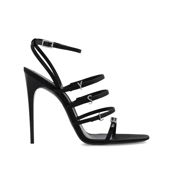 Saint Laurent Jerry Black Satin Sandals with Crystal Details – Women's