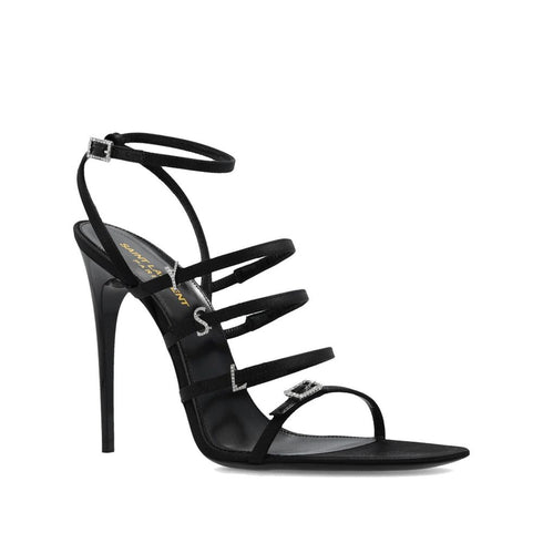 Saint Laurent Jerry Black Satin Sandals with Crystal Details – Women's