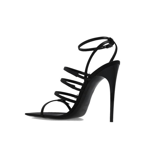 Saint Laurent Jerry Black Satin Sandals with Crystal Details – Women's