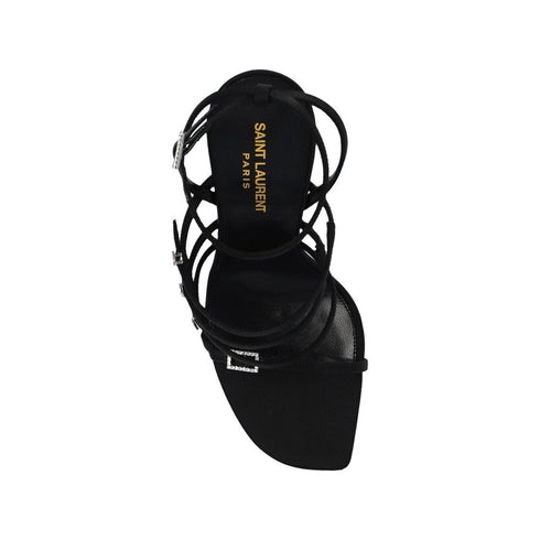 Saint Laurent Jerry Black Satin Sandals with Crystal Details – Women's