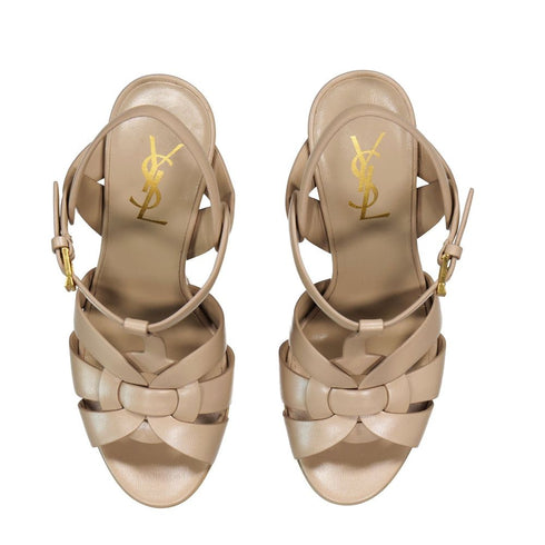 Saint Laurent Tribute Sandals Beige Calf Leather Platform High Heel Shoes for Women
