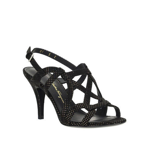 Salvatore Ferragamo Gal Sandals – Black Suede Heeled Strappy Evening Heels – Women’s